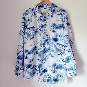 Cynthia Rowley Novelty Print The Amalfi Coast Italy Linen Pullover Blouse Travel